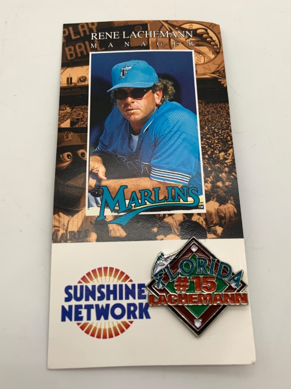 Vintage Florida Marlins Rene Lachemann #15 Manager Baseball MLB Pin and Card